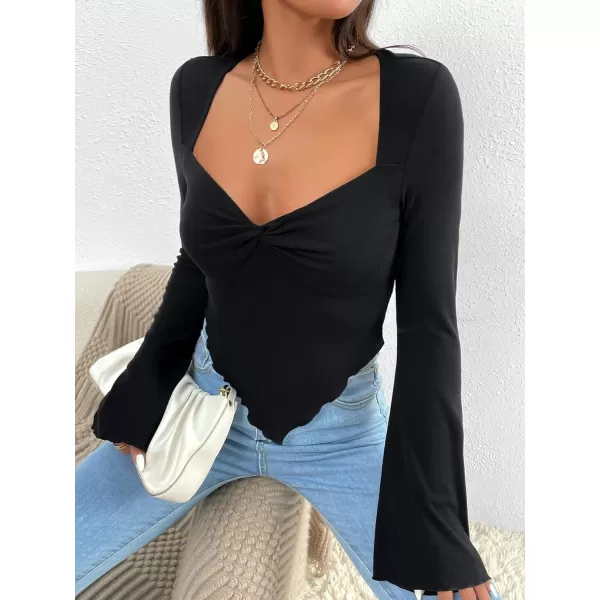WDIRARA Women's Long Flared Sleeve V Neck Crop Top Twist Front Asymmetrical Shirt