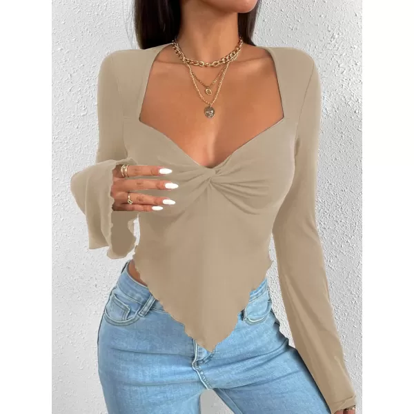 WDIRARA Women's Long Flared Sleeve V Neck Crop Top Twist Front Asymmetrical Shirt