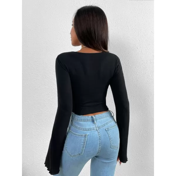 WDIRARA Women's Long Flared Sleeve V Neck Crop Top Twist Front Asymmetrical Shirt