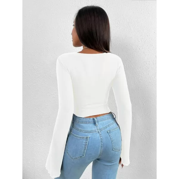 WDIRARA Women's Long Flared Sleeve V Neck Crop Top Twist Front Asymmetrical Shirt
