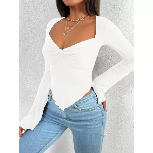 WDIRARA Women's Long Flared Sleeve V Neck Crop Top Twist Front Asymmetrical Shirt