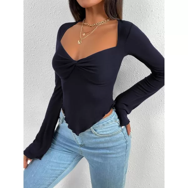 WDIRARA Women's Long Flared Sleeve V Neck Crop Top Twist Front Asymmetrical Shirt
