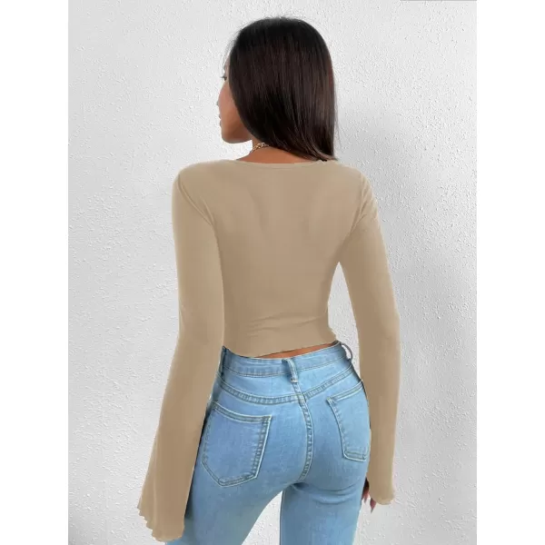 WDIRARA Women's Long Flared Sleeve V Neck Crop Top Twist Front Asymmetrical Shirt