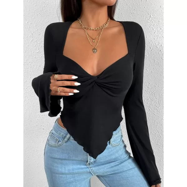 WDIRARA Women's Long Flared Sleeve V Neck Crop Top Twist Front Asymmetrical Shirt
