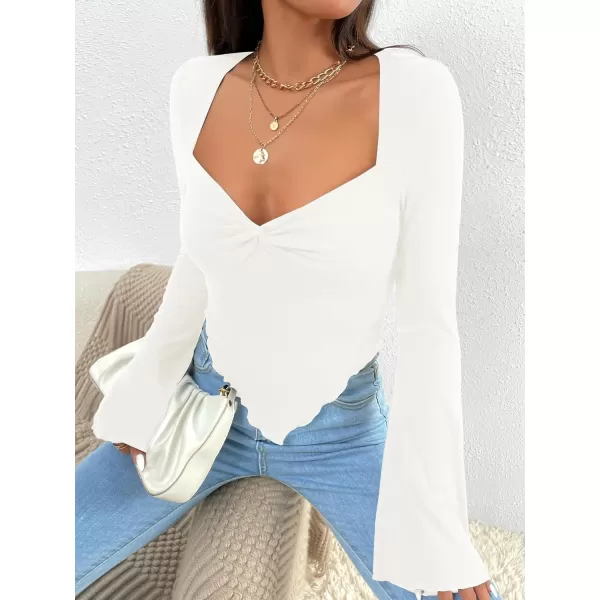 WDIRARA Women's Long Flared Sleeve V Neck Crop Top Twist Front Asymmetrical Shirt