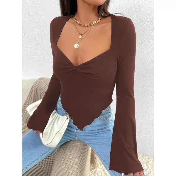 WDIRARA Women's Long Flared Sleeve V Neck Crop Top Twist Front Asymmetrical Shirt