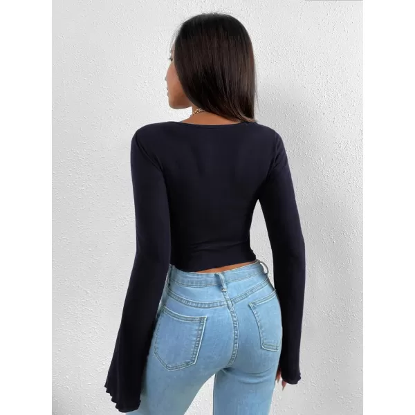 WDIRARA Women's Long Flared Sleeve V Neck Crop Top Twist Front Asymmetrical Shirt