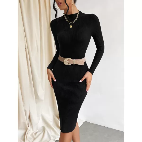 WDIRARA Women's Long Sleeve Basic Slit Daily Bodycon Slim Fit Casual Sweater Dress Midi Pencil Dress