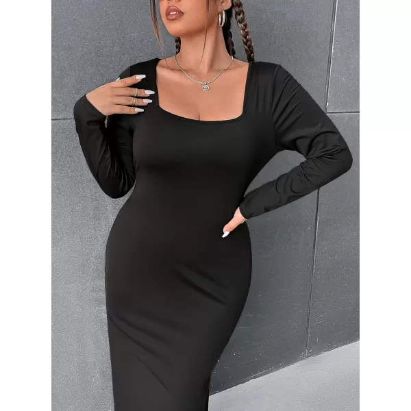 WDIRARA Women's Long Sleeve Basic Slit Daily Bodycon Slim Fit Casual Sweater Dress Midi Pencil Dress