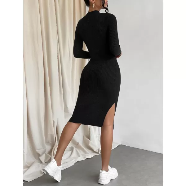 WDIRARA Women's Long Sleeve Basic Slit Daily Bodycon Slim Fit Casual Sweater Dress Midi Pencil Dress