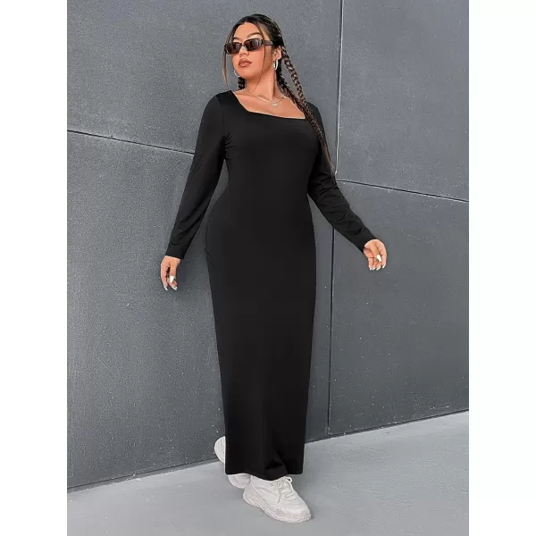 WDIRARA Women's Long Sleeve Basic Slit Daily Bodycon Slim Fit Casual Sweater Dress Midi Pencil Dress