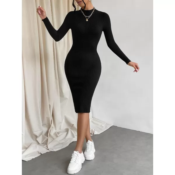 WDIRARA Women's Long Sleeve Basic Slit Daily Bodycon Slim Fit Casual Sweater Dress Midi Pencil Dress