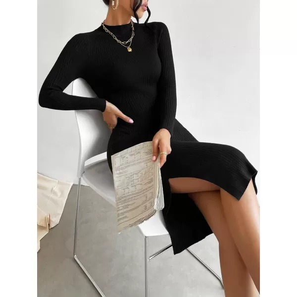 WDIRARA Women's Long Sleeve Basic Slit Daily Bodycon Slim Fit Casual Sweater Dress Midi Pencil Dress