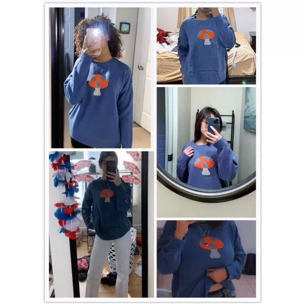 WDIRARA Women's Long Sleeve Mushroom Print Casual Round Neck Sweater Pullover Tops