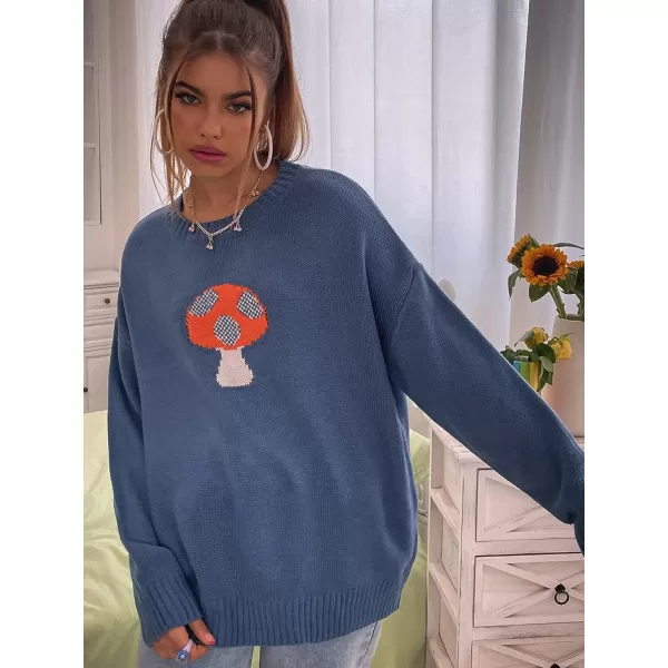 WDIRARA Women's Long Sleeve Mushroom Print Casual Round Neck Sweater Pullover Tops