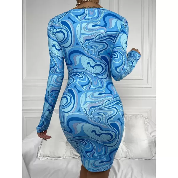 WDIRARA Women's Marble Print Long Sleeve V Neck Cut Out Ring Bodycon Mini Dress