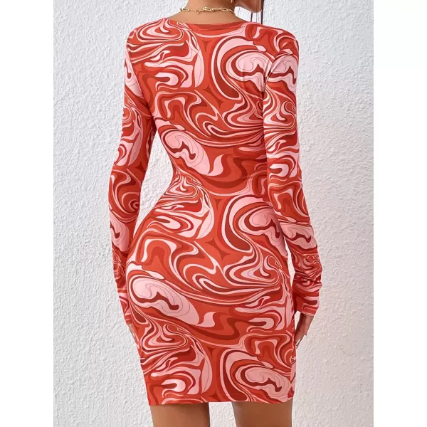 WDIRARA Women's Marble Print Long Sleeve V Neck Cut Out Ring Bodycon Mini Dress