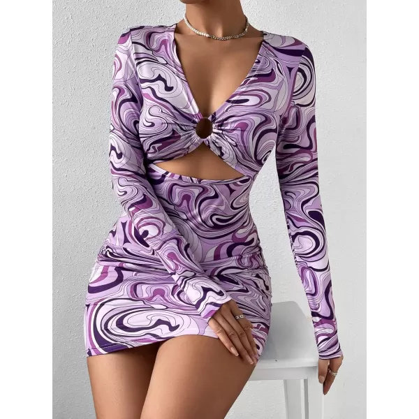 WDIRARA Women's Marble Print Long Sleeve V Neck Cut Out Ring Bodycon Mini Dress