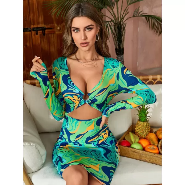 WDIRARA Women's Marble Print Long Sleeve V Neck Cut Out Ring Bodycon Mini Dress