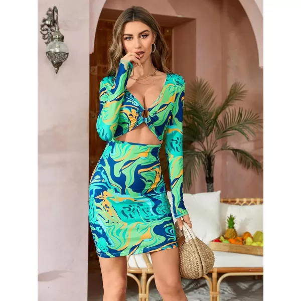 WDIRARA Women's Marble Print Long Sleeve V Neck Cut Out Ring Bodycon Mini Dress