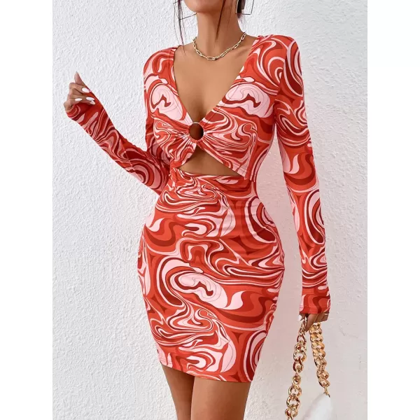 WDIRARA Women's Marble Print Long Sleeve V Neck Cut Out Ring Bodycon Mini Dress