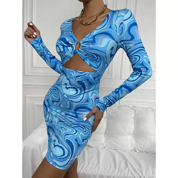 WDIRARA Women's Marble Print Long Sleeve V Neck Cut Out Ring Bodycon Mini Dress