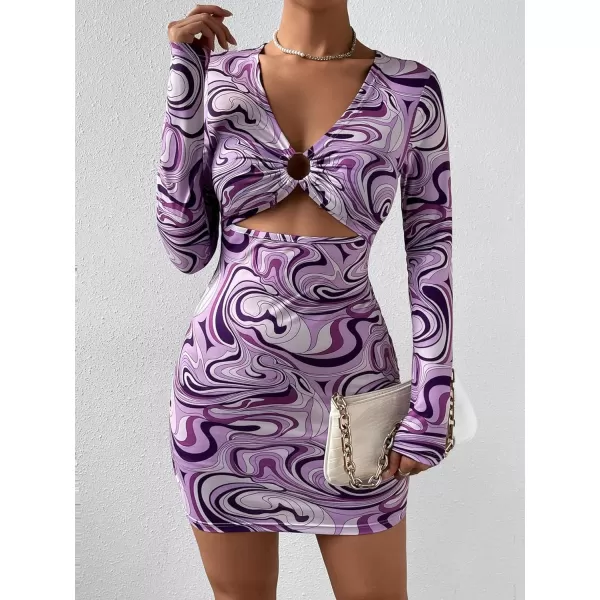 WDIRARA Women's Marble Print Long Sleeve V Neck Cut Out Ring Bodycon Mini Dress