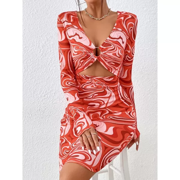 WDIRARA Women's Marble Print Long Sleeve V Neck Cut Out Ring Bodycon Mini Dress