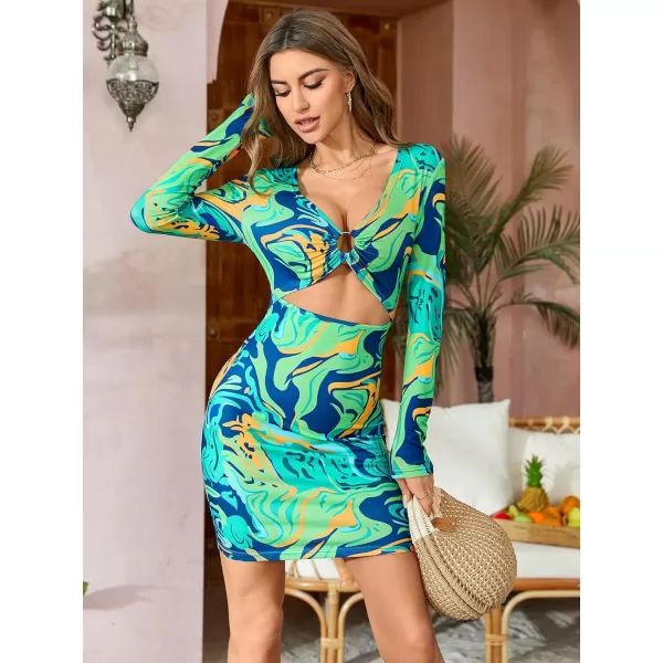 WDIRARA Women's Marble Print Long Sleeve V Neck Cut Out Ring Bodycon Mini Dress