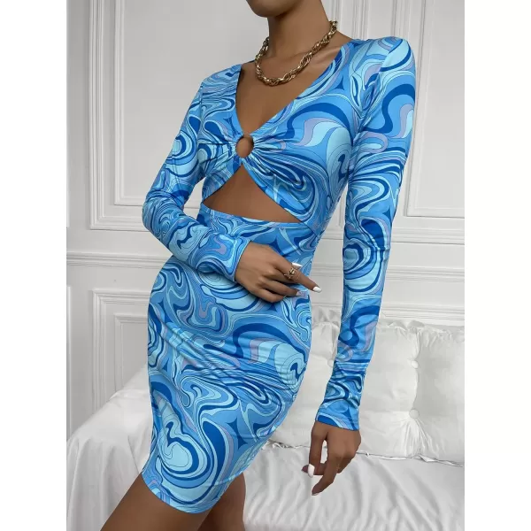 WDIRARA Women's Marble Print Long Sleeve V Neck Cut Out Ring Bodycon Mini Dress