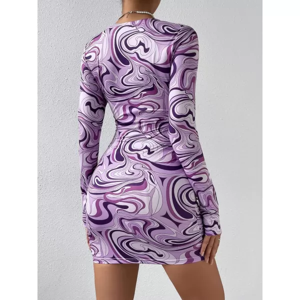WDIRARA Women's Marble Print Long Sleeve V Neck Cut Out Ring Bodycon Mini Dress