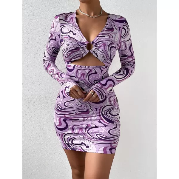 WDIRARA Women's Marble Print Long Sleeve V Neck Cut Out Ring Bodycon Mini Dress