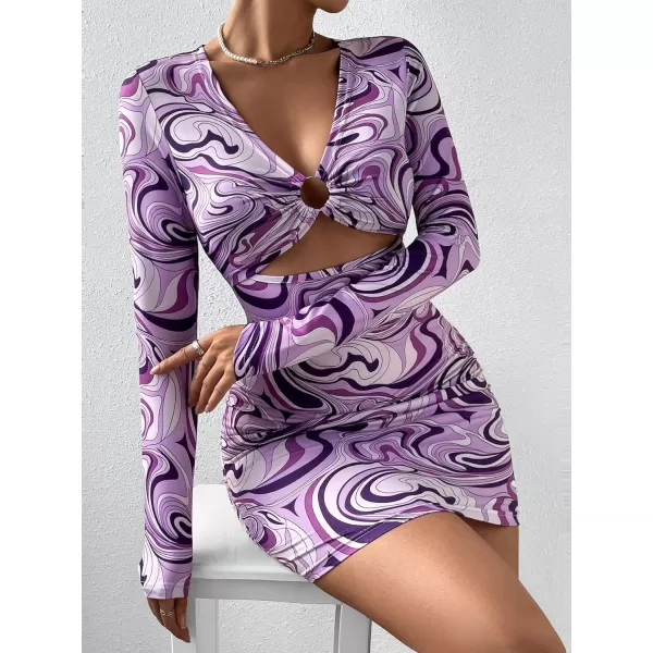 WDIRARA Women's Marble Print Long Sleeve V Neck Cut Out Ring Bodycon Mini Dress