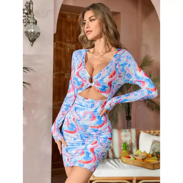 WDIRARA Women's Marble Print Long Sleeve V Neck Cut Out Ring Bodycon Mini Dress