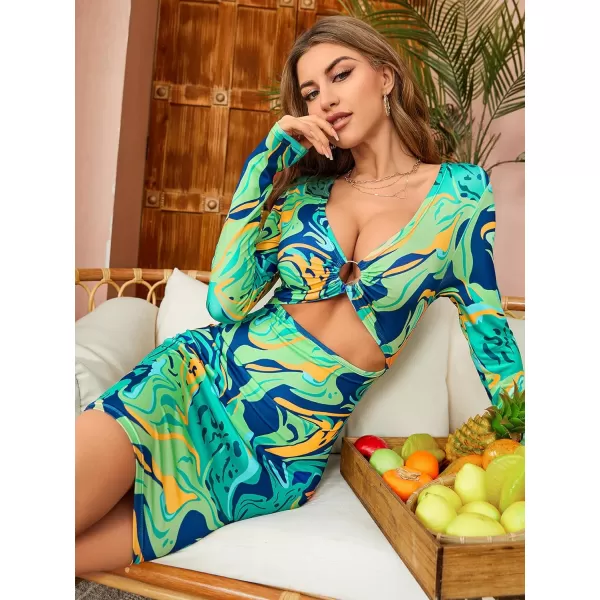 WDIRARA Women's Marble Print Long Sleeve V Neck Cut Out Ring Bodycon Mini Dress