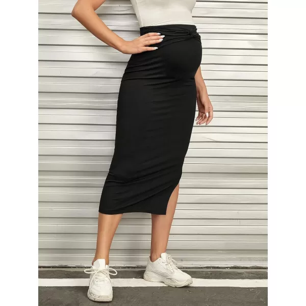 WDIRARA Women's Maternity High Waist Ruched Split Hem Solid Pencil Midi Skirt