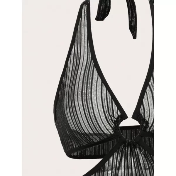 WDIRARA Women's Mesh Glitter Striped Cut Out Waist Halter Swimwear Sleeveless Sheer Beach Cover Up Dress