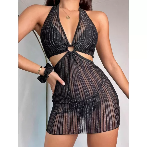 WDIRARA Women's Mesh Glitter Striped Cut Out Waist Halter Swimwear Sleeveless Sheer Beach Cover Up Dress
