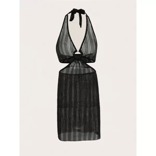 WDIRARA Women's Mesh Glitter Striped Cut Out Waist Halter Swimwear Sleeveless Sheer Beach Cover Up Dress