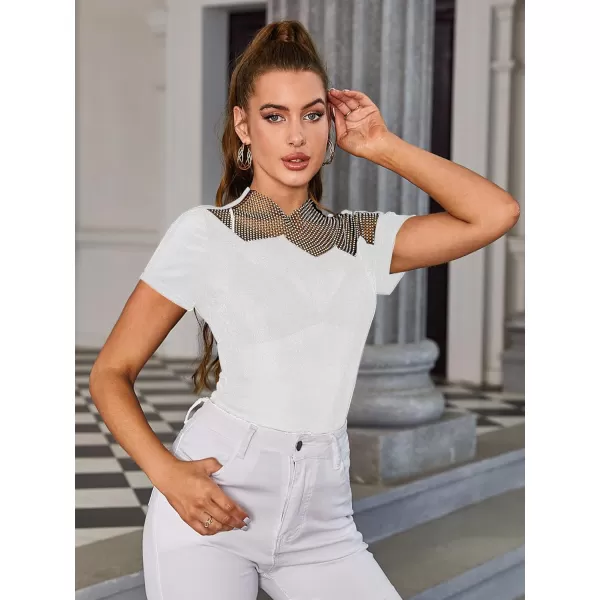 WDIRARA Women's Mesh Rhinestone Mock Neck Short Sleeve Tee Top Slim T Shirt