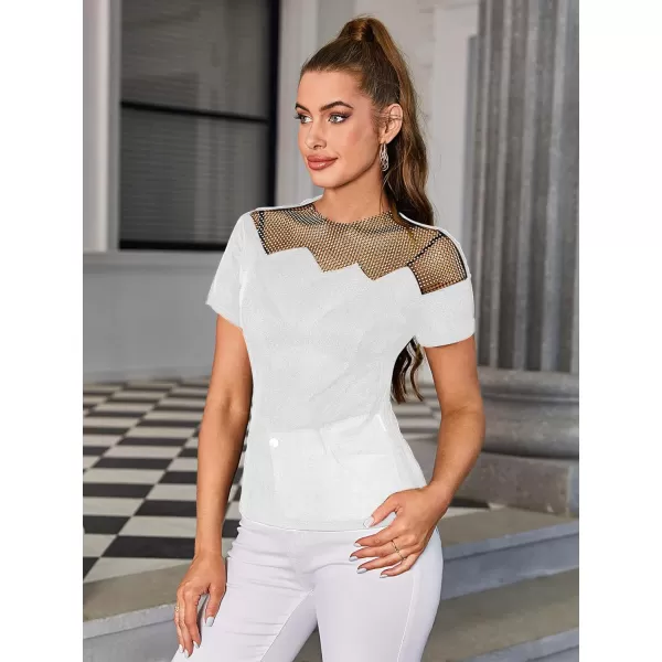 WDIRARA Women's Mesh Rhinestone Mock Neck Short Sleeve Tee Top Slim T Shirt
