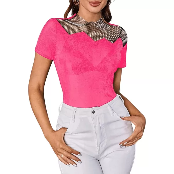 WDIRARA Women's Mesh Rhinestone Mock Neck Short Sleeve Tee Top Slim T Shirt