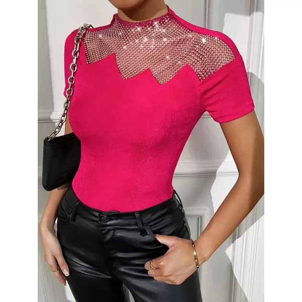 WDIRARA Women's Mesh Rhinestone Mock Neck Short Sleeve Tee Top Slim T Shirt
