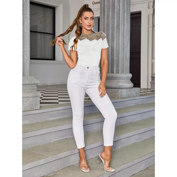 WDIRARA Women's Mesh Rhinestone Mock Neck Short Sleeve Tee Top Slim T Shirt