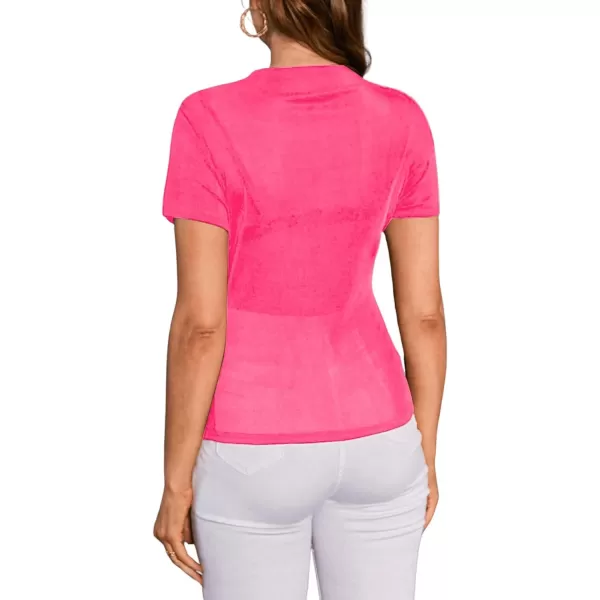 WDIRARA Women's Mesh Rhinestone Mock Neck Short Sleeve Tee Top Slim T Shirt