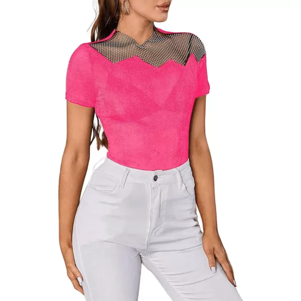 WDIRARA Women's Mesh Rhinestone Mock Neck Short Sleeve Tee Top Slim T Shirt