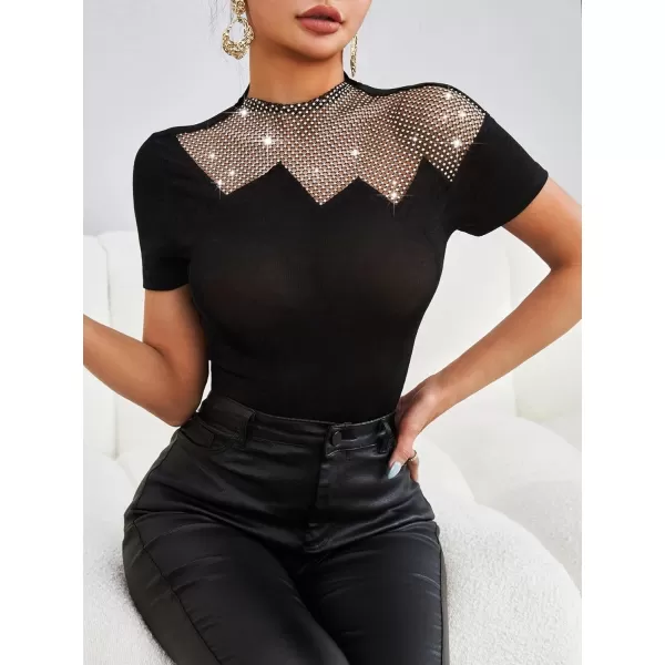 WDIRARA Women's Mesh Rhinestone Mock Neck Short Sleeve Tee Top Slim T Shirt