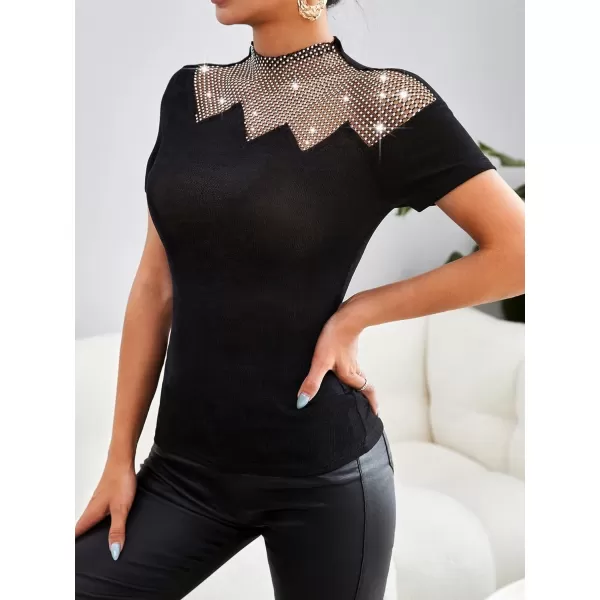 WDIRARA Women's Mesh Rhinestone Mock Neck Short Sleeve Tee Top Slim T Shirt