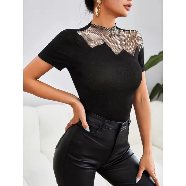 WDIRARA Women's Mesh Rhinestone Mock Neck Short Sleeve Tee Top Slim T Shirt