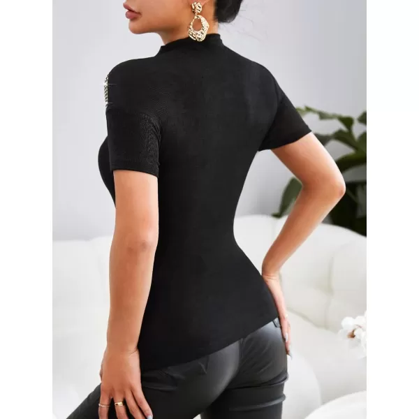WDIRARA Women's Mesh Rhinestone Mock Neck Short Sleeve Tee Top Slim T Shirt